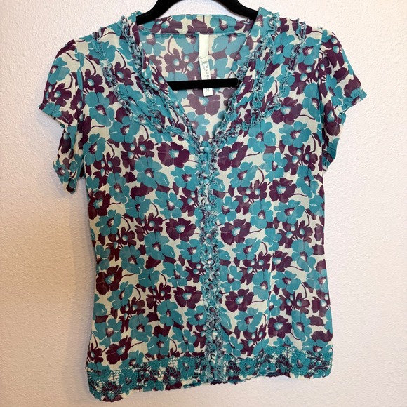 Fossil Tops - Fossil Womens Teal Purple Floral Sheer Ruffle V-Neck Blouse Top Size M